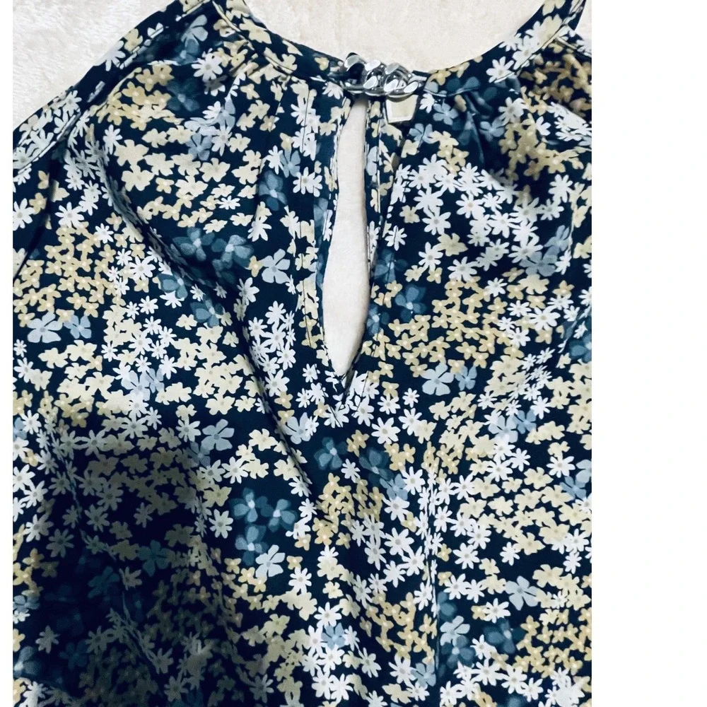 Michael Kors Floral Cold Shoulder Chain Halter Neck Blouse Navy Blue Cream L